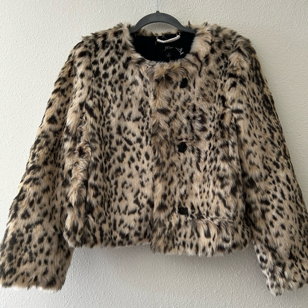J Crew Faux Fur Leopard Cropped Jacket
